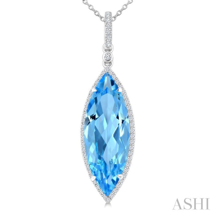22X8 MM Marquise Shape Blue Topaz and 1/4 Ctw Round Cut Diamond Semi-Precious Pendant With Chain in 14K White Gold