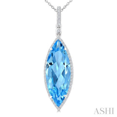 22X8 MM Marquise Shape Blue Topaz and 1/4 Ctw Round Cut Diamond Semi-Precious Pendant With Chain in 14K White Gold