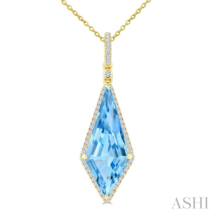 22X9 MM Kite Shape Blue Topaz and 1/4 Ctw Round Cut Diamond Semi-Precious Pendant With Chain in 14K Yellow Gold