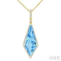 22X9 MM Kite Shape Blue Topaz and 1/4 Ctw Round Cut Diamond Semi-Precious Pendant With Chain in 14K Yellow Gold