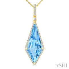 22X9 MM Kite Shape Blue Topaz and 1/4 Ctw Round Cut Diamond Semi-Precious Pendant With Chain in 14K Yellow Gold