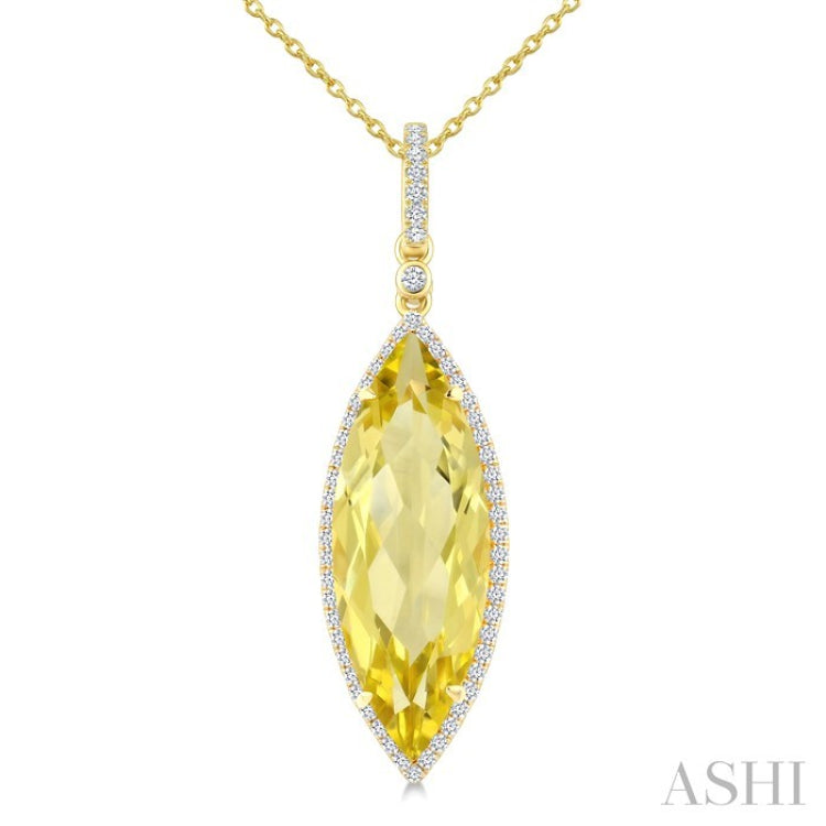 22X8 MM Marquise Shape Lemon Quartz and 1/4 Ctw Round Cut Diamond Semi-Precious Pendant With Chain in 14K Yellow Gold