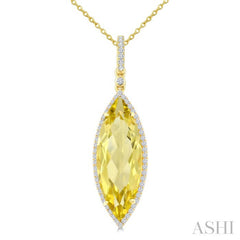 22X8 MM Marquise Shape Lemon Quartz and 1/4 Ctw Round Cut Diamond Semi-Precious Pendant With Chain in 14K Yellow Gold