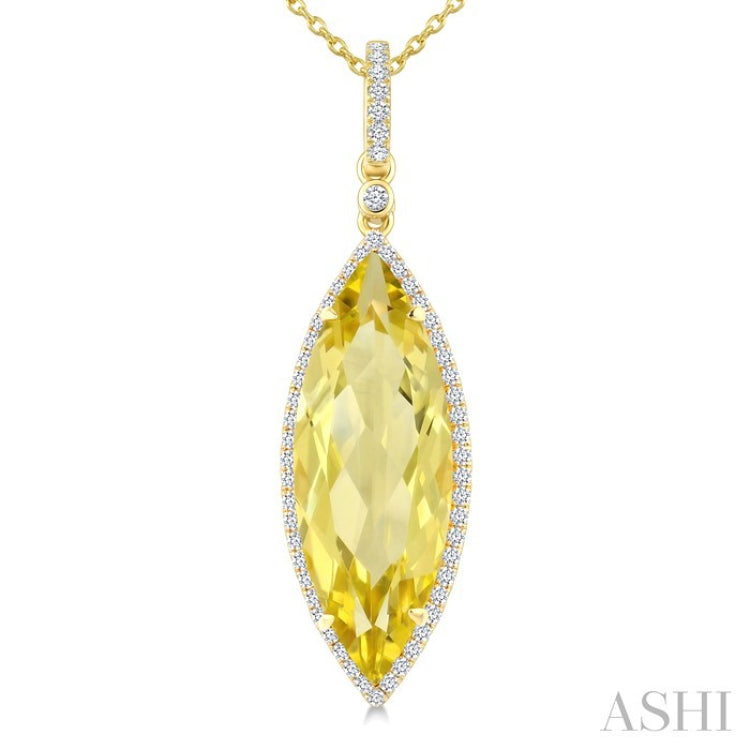 22X8 MM Marquise Shape Lemon Quartz and 1/4 Ctw Round Cut Diamond Semi-Precious Pendant With Chain in 14K Yellow Gold