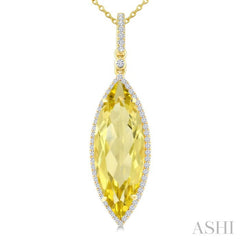 22X8 MM Marquise Shape Lemon Quartz and 1/4 Ctw Round Cut Diamond Semi-Precious Pendant With Chain in 14K Yellow Gold