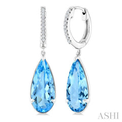 14X6 MM Pear Shape Blue Topaz and 1/10 Ctw Round Cut Diamond Semi-Precious Earrings in 14K White Gold