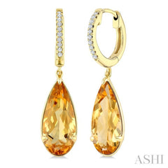 14X6 MM Pear Shape Citrine and 1/10 Ctw Round Cut Diamond Semi-Precious Earrings in 14K Yellow Gold