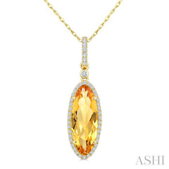 16X6 MM Oval Shape Citrine and 1/5 Ctw Round Cut Diamond Semi-Precious Pendant With Chain in 10K Yellow Gold