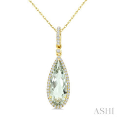 16X6 MM Pear Shape Green Amethyst and 1/5 Ctw Round Cut Diamond Semi-Precious Pendant With Chain in 10K Yellow Gold
