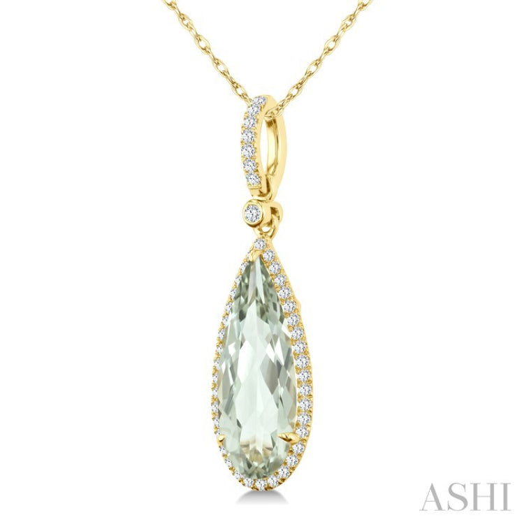 16X6 MM Pear Shape Green Amethyst and 1/5 Ctw Round Cut Diamond Semi-Precious Pendant With Chain in 10K Yellow Gold