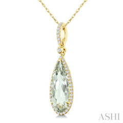 16X6 MM Pear Shape Green Amethyst and 1/5 Ctw Round Cut Diamond Semi-Precious Pendant With Chain in 10K Yellow Gold