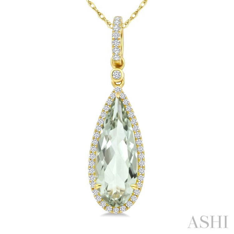 16X6 MM Pear Shape Green Amethyst and 1/5 Ctw Round Cut Diamond Semi-Precious Pendant With Chain in 10K Yellow Gold