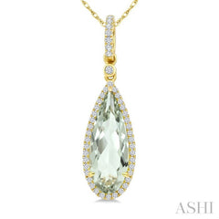 16X6 MM Pear Shape Green Amethyst and 1/5 Ctw Round Cut Diamond Semi-Precious Pendant With Chain in 10K Yellow Gold