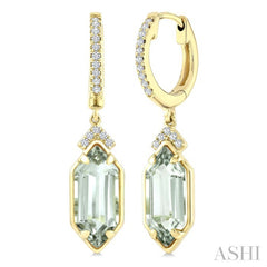12X5 MM Hexagon Shape Green Amethyst and 1/6 Ctw Round Cut Diamond Semi-Precious Earrings in 10K Yellow Gold