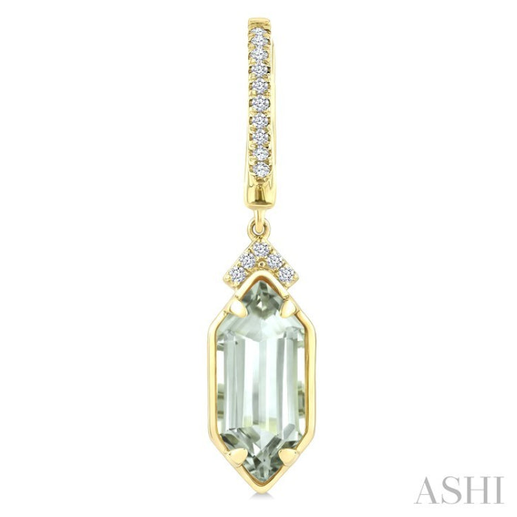 12X5 MM Hexagon Shape Green Amethyst and 1/6 Ctw Round Cut Diamond Semi-Precious Earrings in 10K Yellow Gold