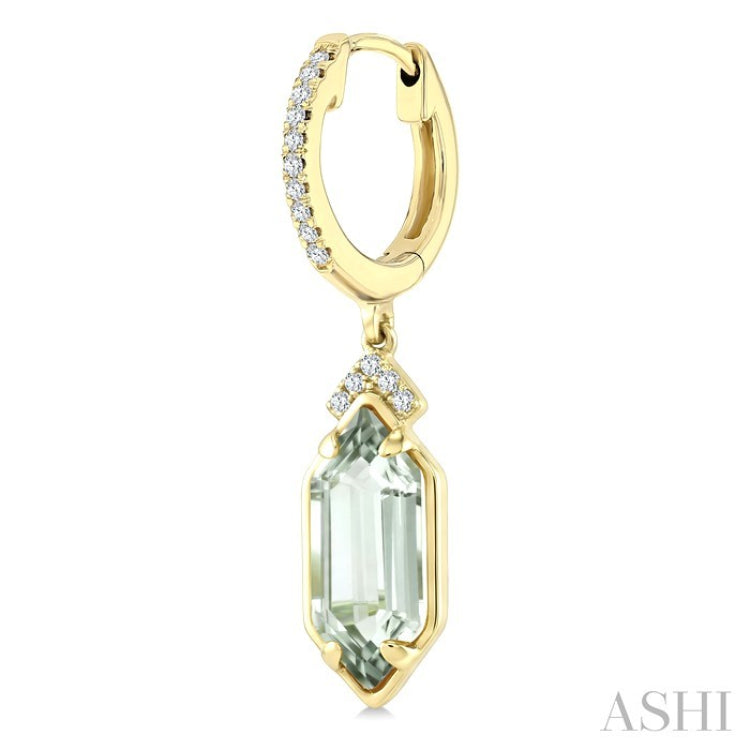 12X5 MM Hexagon Shape Green Amethyst and 1/6 Ctw Round Cut Diamond Semi-Precious Earrings in 10K Yellow Gold