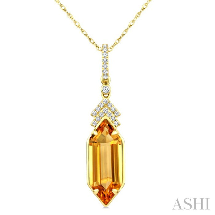 16X6 MM Hexagon Shape Citrine and 1/10 Ctw Round Cut Diamond Semi-Precious Pendant With Chain in 10K Yellow Gold