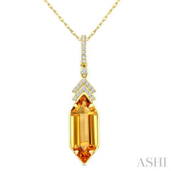 16X6 MM Hexagon Shape Citrine and 1/10 Ctw Round Cut Diamond Semi-Precious Pendant With Chain in 10K Yellow Gold