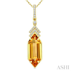 16X6 MM Hexagon Shape Citrine and 1/10 Ctw Round Cut Diamond Semi-Precious Pendant With Chain in 10K Yellow Gold