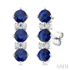 2.5 MM Round Shape Sapphire and 1/20 Ctw Round Cut Diamond Precious Earrings in 10K White Gold