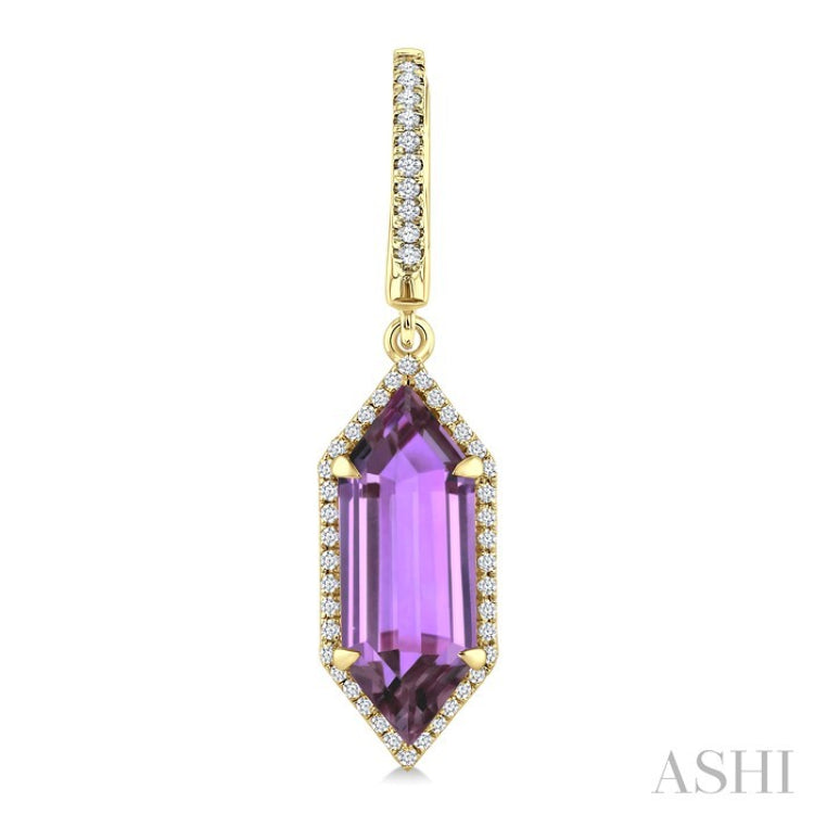 16X6 MM Hexagon Shape Amethyst and 3/8 Ctw Round Cut Diamond Semi-Precious Earrings in 14K Yellow Gold
