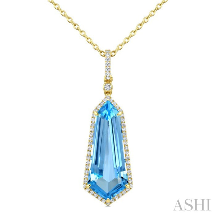 22X9 MM Shield Shape Blue Topaz and 1/4 Ctw Round Cut Diamond Semi-Precious Pendant With Chain in 14K Yellow Gold