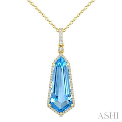 22X9 MM Shield Shape Blue Topaz and 1/4 Ctw Round Cut Diamond Semi-Precious Pendant With Chain in 14K Yellow Gold