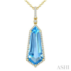 22X9 MM Shield Shape Blue Topaz and 1/4 Ctw Round Cut Diamond Semi-Precious Pendant With Chain in 14K Yellow Gold