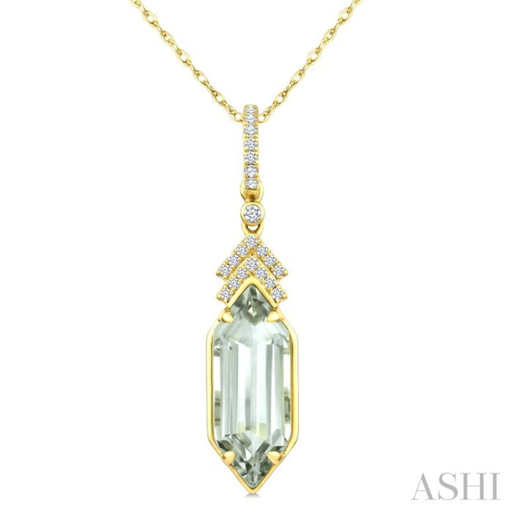 16X6 MM Hexagon Shape Green Amethyst and 1/10 Ctw Round Cut Diamond Semi-Precious Pendant With Chain in 10K Yellow Gold