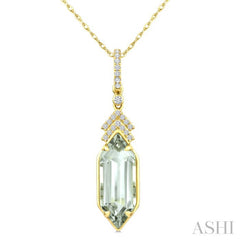 16X6 MM Hexagon Shape Green Amethyst and 1/10 Ctw Round Cut Diamond Semi-Precious Pendant With Chain in 10K Yellow Gold