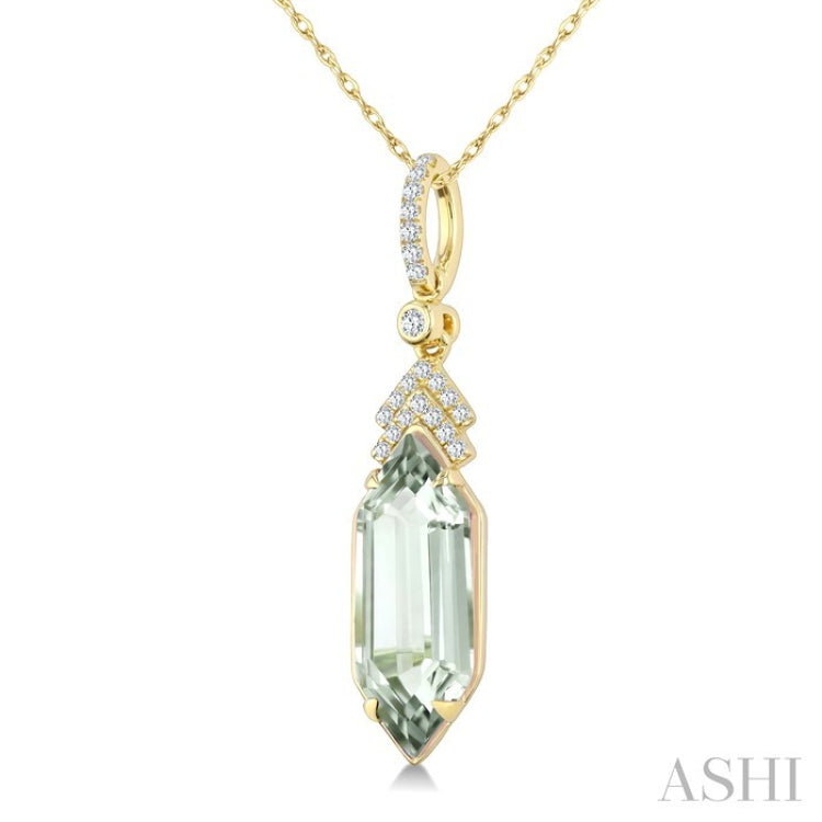 16X6 MM Hexagon Shape Green Amethyst and 1/10 Ctw Round Cut Diamond Semi-Precious Pendant With Chain in 10K Yellow Gold