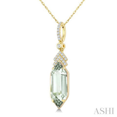 16X6 MM Hexagon Shape Green Amethyst and 1/10 Ctw Round Cut Diamond Semi-Precious Pendant With Chain in 10K Yellow Gold