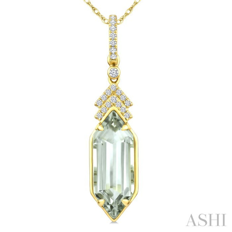 16X6 MM Hexagon Shape Green Amethyst and 1/10 Ctw Round Cut Diamond Semi-Precious Pendant With Chain in 10K Yellow Gold