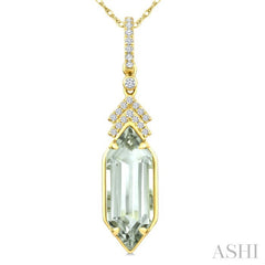 16X6 MM Hexagon Shape Green Amethyst and 1/10 Ctw Round Cut Diamond Semi-Precious Pendant With Chain in 10K Yellow Gold