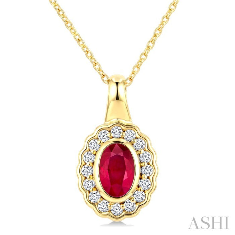 6X4 MM Oval Shape Ruby and 1/6 Ctw Round Cut Diamond Bold Precious Pendant With Chain in 10K Yellow Gold