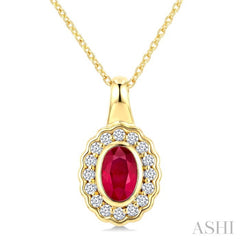 6X4 MM Oval Shape Ruby and 1/6 Ctw Round Cut Diamond Bold Precious Pendant With Chain in 10K Yellow Gold