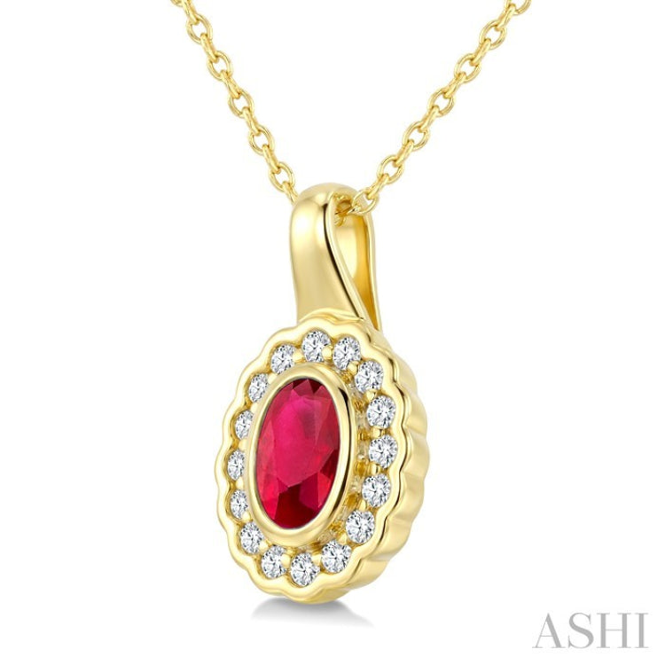 6X4 MM Oval Shape Ruby and 1/6 Ctw Round Cut Diamond Bold Precious Pendant With Chain in 10K Yellow Gold