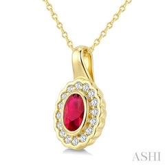 6X4 MM Oval Shape Ruby and 1/6 Ctw Round Cut Diamond Bold Precious Pendant With Chain in 10K Yellow Gold