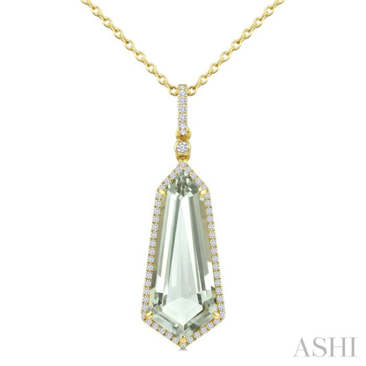 22X9 MM Shield Shape Green Amethyst and 1/4 Ctw Round Cut Diamond Semi-Precious Pendant With Chain in 14K Yellow Gold