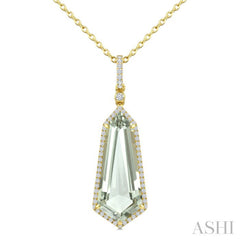 22X9 MM Shield Shape Green Amethyst and 1/4 Ctw Round Cut Diamond Semi-Precious Pendant With Chain in 14K Yellow Gold