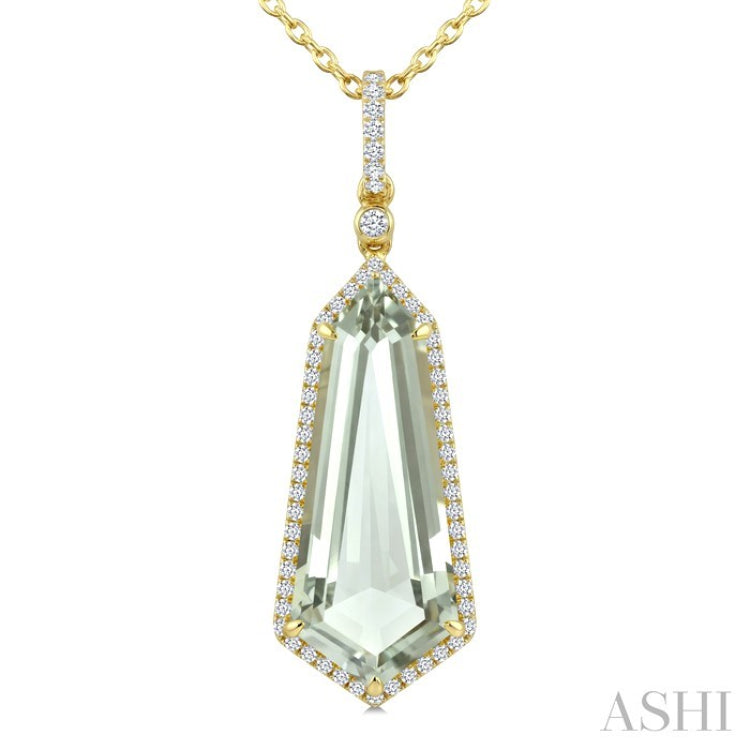 22X9 MM Shield Shape Green Amethyst and 1/4 Ctw Round Cut Diamond Semi-Precious Pendant With Chain in 14K Yellow Gold