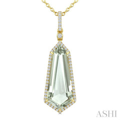 22X9 MM Shield Shape Green Amethyst and 1/4 Ctw Round Cut Diamond Semi-Precious Pendant With Chain in 14K Yellow Gold