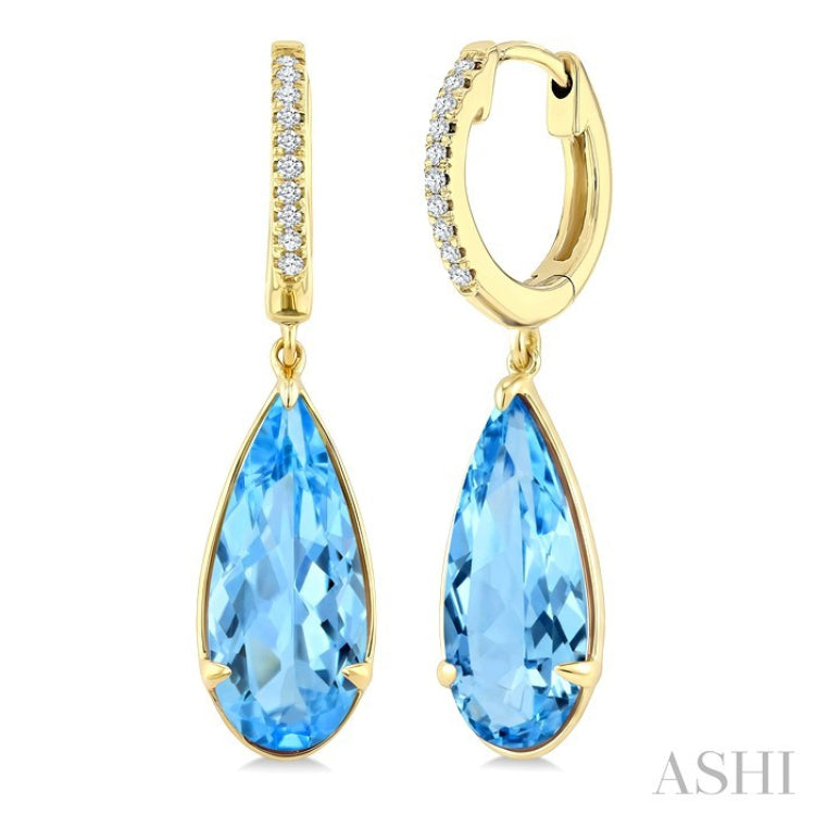 14X6 MM Pear Shape Blue Topaz and 1/10 Ctw Round Cut Diamond Semi-Precious Earrings in 14K Yellow Gold