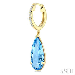 14X6 MM Pear Shape Blue Topaz and 1/10 Ctw Round Cut Diamond Semi-Precious Earrings in 14K Yellow Gold