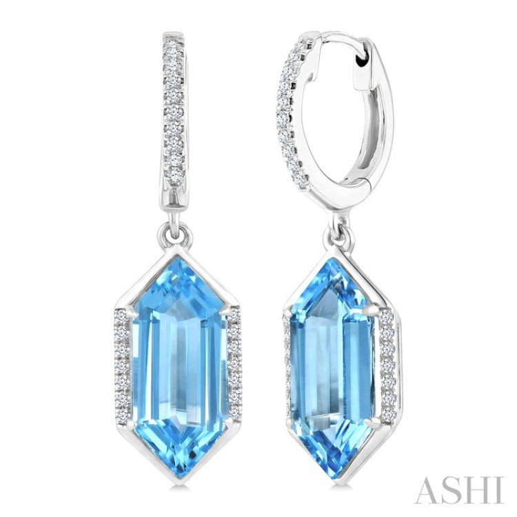 14X6 MM Hexagon Shape Blue Topaz and 1/5 Ctw Round Cut Diamond Semi-Precious Earrings in 14K White Gold
