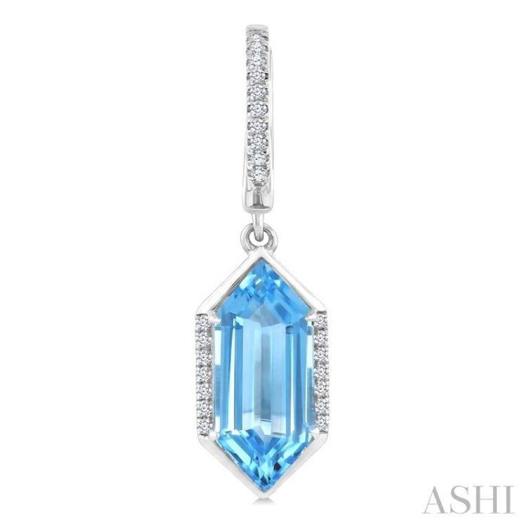 14X6 MM Hexagon Shape Blue Topaz and 1/5 Ctw Round Cut Diamond Semi-Precious Earrings in 14K White Gold