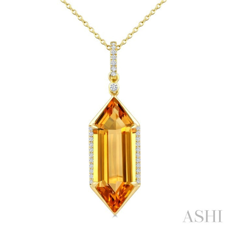 22X8 MM Hexagon Shape Citrine and 1/6 Ctw Round Cut Diamond Semi-Precious Pendant With Chain in 14K Yellow Gold