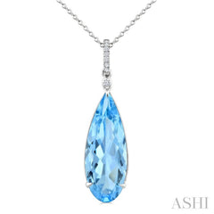 22X8 MM Pear Shape Blue Topaz and 1/20 Ctw Round Cut Diamond Semi-Precious Pendant With Chain in 14K White Gold