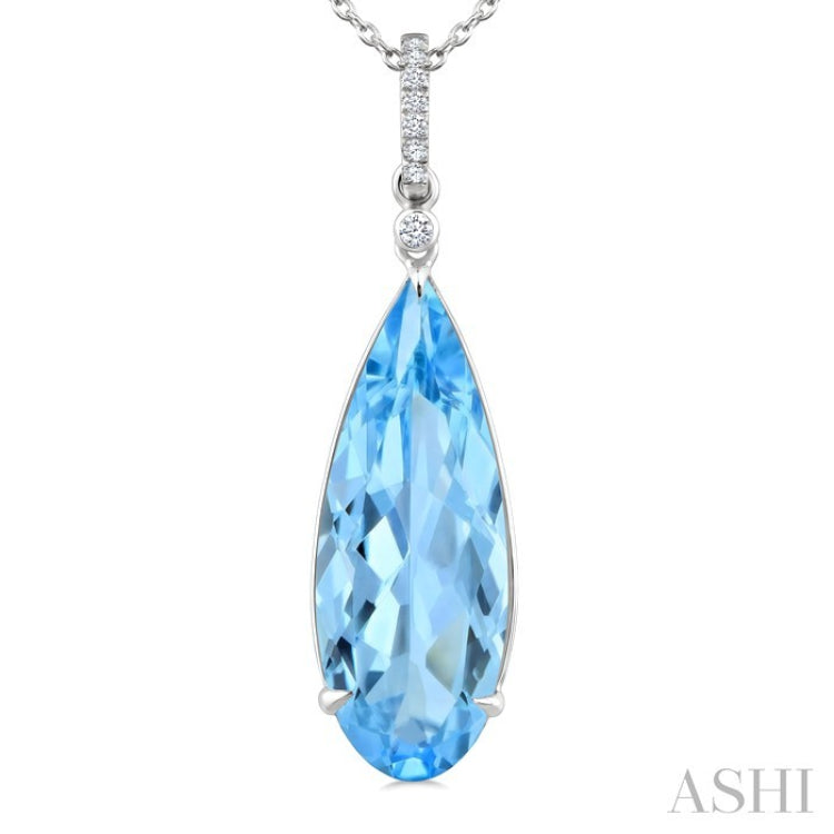 22X8 MM Pear Shape Blue Topaz and 1/20 Ctw Round Cut Diamond Semi-Precious Pendant With Chain in 14K White Gold