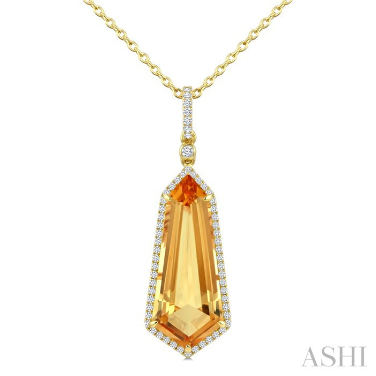 22X9 MM Shield Shape Citrine and 1/4 Ctw Round Cut Diamond Semi-Precious Pendant With Chain in 14K Yellow Gold
